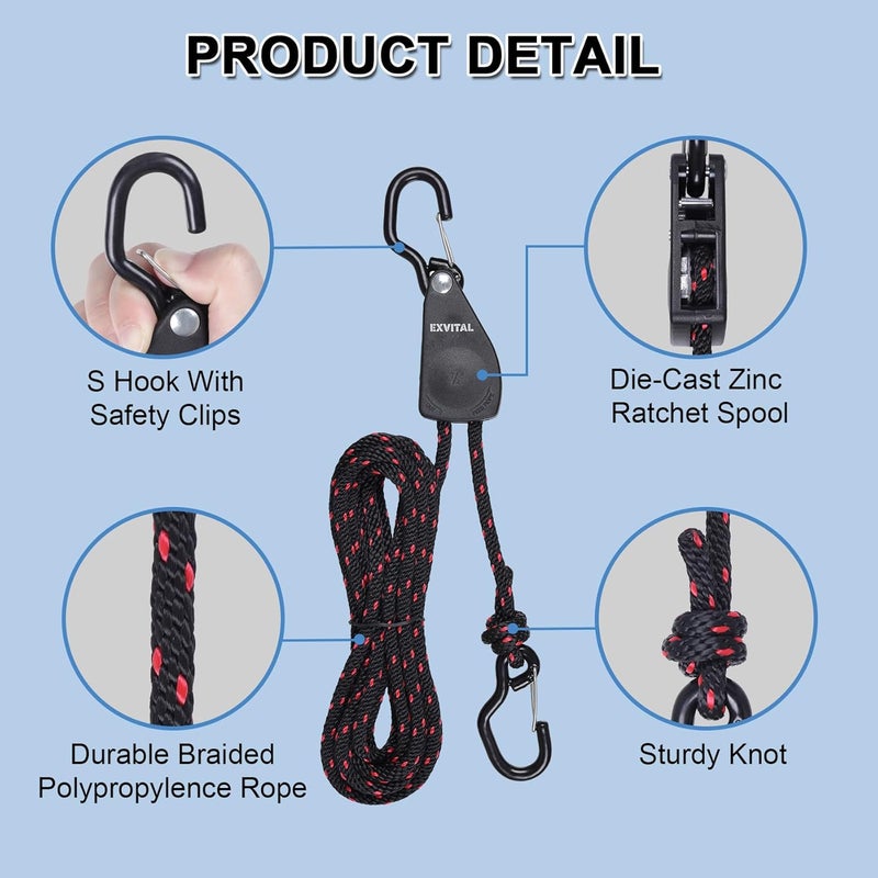 EXVITAL 4PCS Kayak Rope Tie Down Ratchet Straps 1/4" ×12' Bow and Stern Tie Down Kayak with Safety S Hook Heavy Duty Ratchet Rope Kayak and Canoe Accessories Black - Image 3